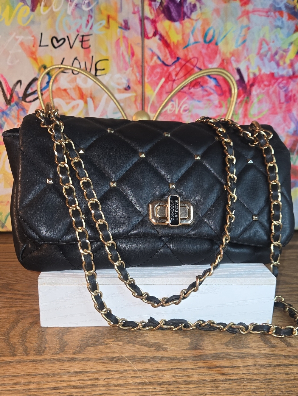 Black Quilted Chain Shoulder Bag with Gold Hardware